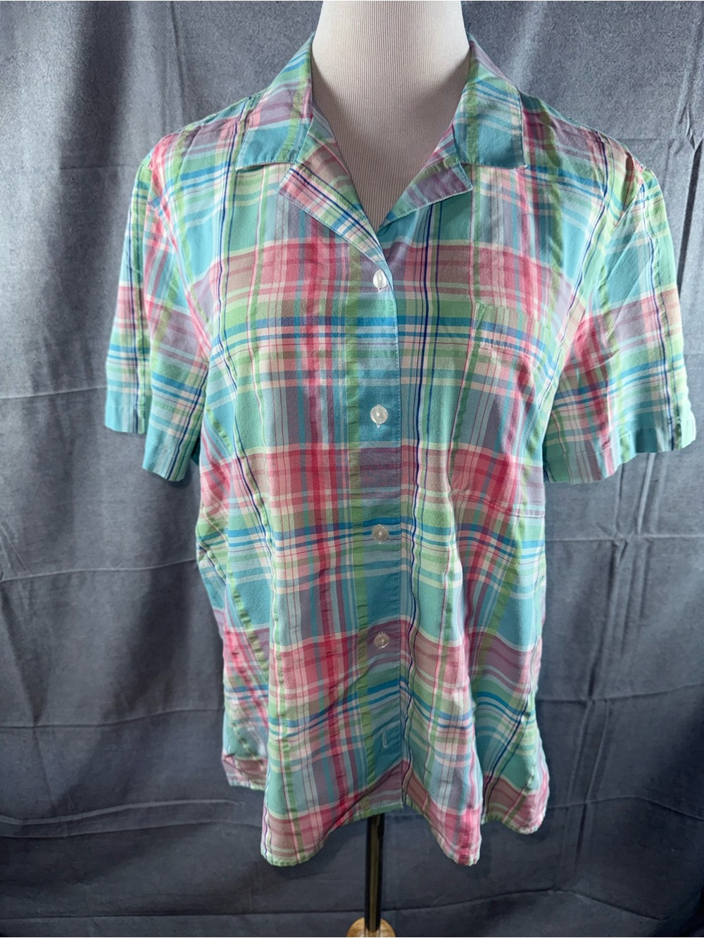 2653-Alfred Dunner Pastel Plaid Button-Down Shirt - Mint, Pink & Blue